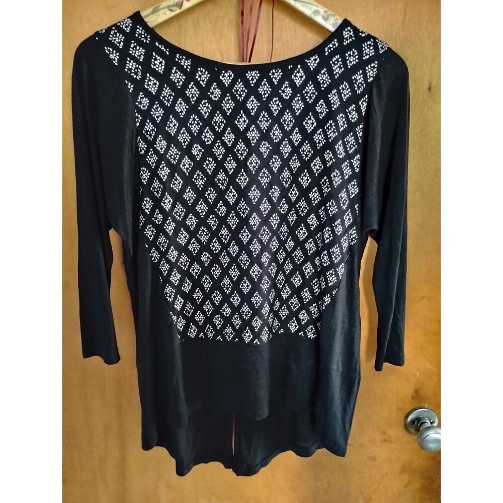 Lucky Brand Black 3/4-sleeve tunic white Geometric Floral Design Top Size Small
